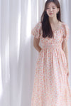 Poppy Puffy Sleeve Tie Front Midi Dress In Orange Floral