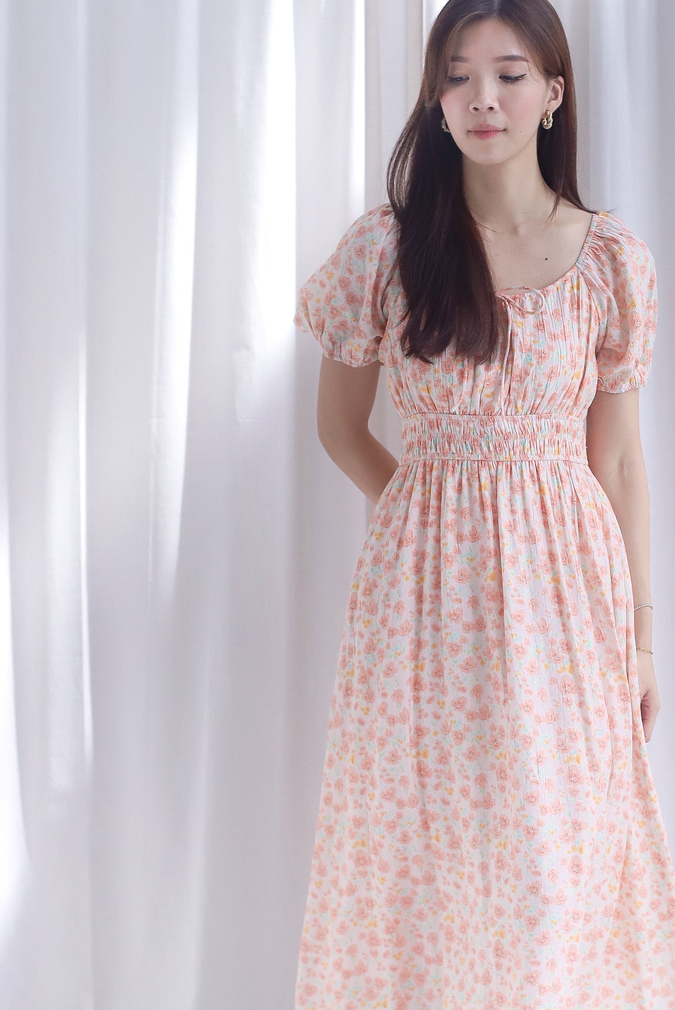 Poppy Puffy Sleeve Tie Front Midi Dress In Orange Floral