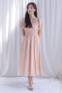 Poppy Puffy Sleeve Tie Front Midi Dress In Orange Floral