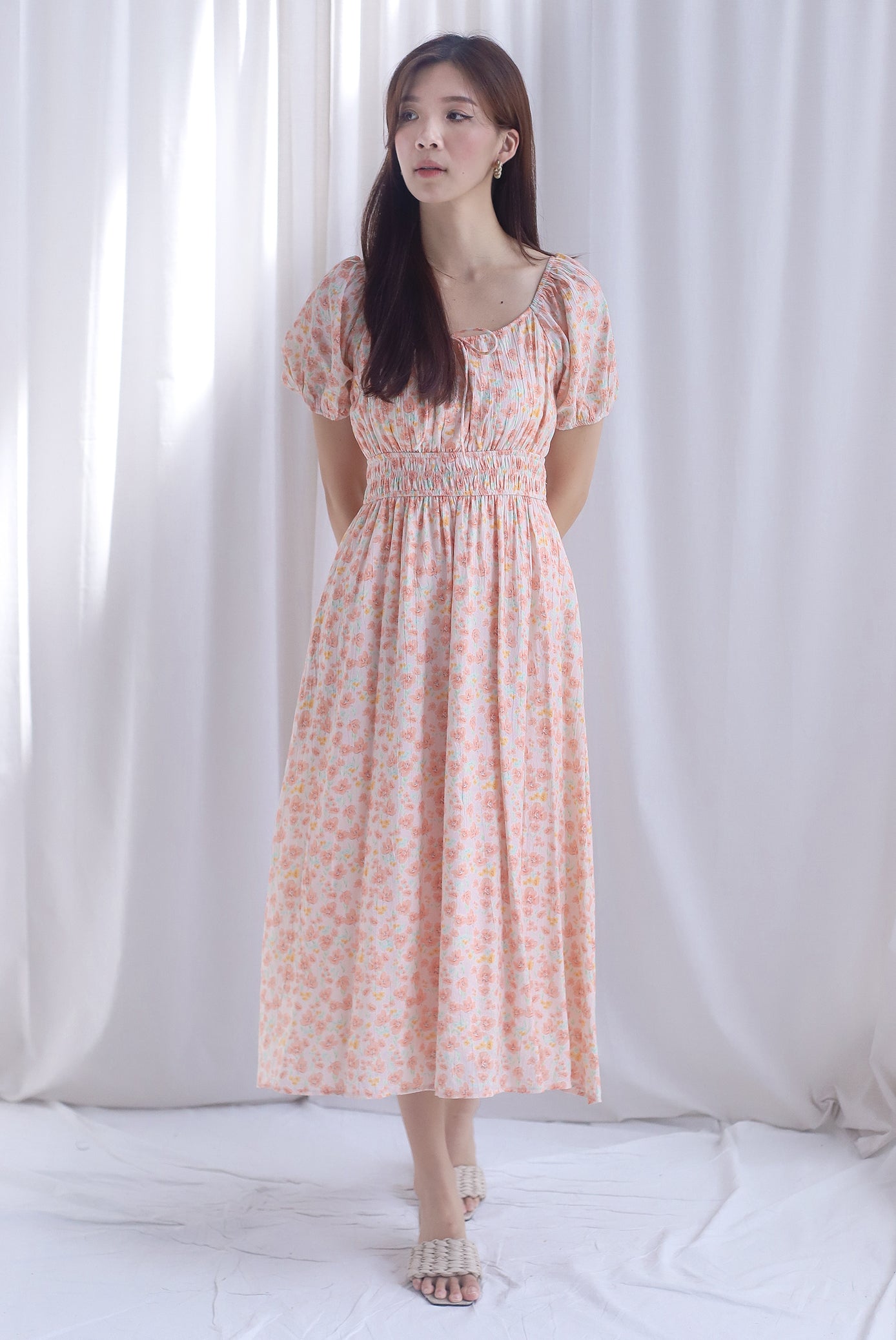 Poppy Puffy Sleeve Tie Front Midi Dress In Orange Floral