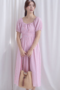 Poppy Puffy Sleeve Tie Front Midi Dress In Pink Gingham