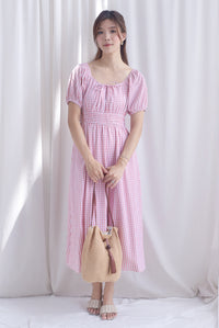 Poppy Puffy Sleeve Tie Front Midi Dress In Pink Gingham