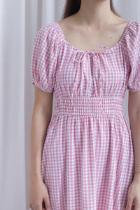 Poppy Puffy Sleeve Tie Front Midi Dress In Pink Gingham