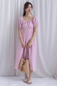 Poppy Puffy Sleeve Tie Front Midi Dress In Pink Gingham