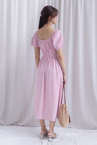 Poppy Puffy Sleeve Tie Front Midi Dress In Pink Gingham