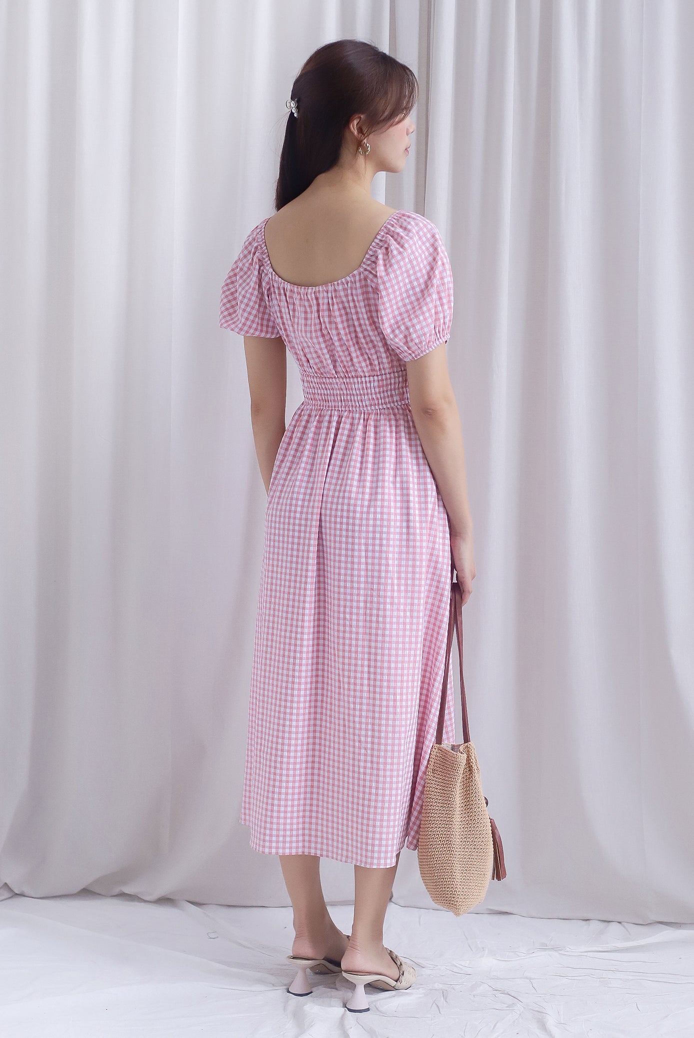 Poppy Puffy Sleeve Tie Front Midi Dress In Pink Gingham