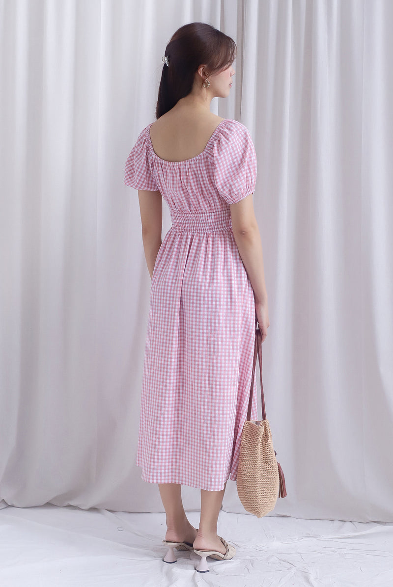 Poppy Puffy Sleeve Tie Front Midi Dress In Pink Gingham