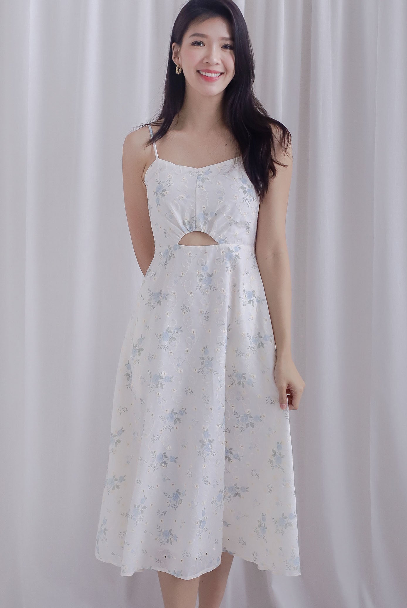 Priscilla Floral Eyelet Spaghetti Cut Out Midi Dress In Blue