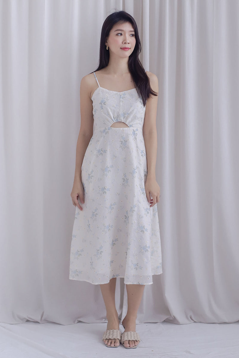 Priscilla Floral Eyelet Spaghetti Cut Out Midi Dress In Blue