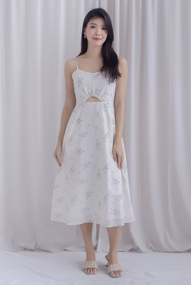 Priscilla Floral Eyelet Spaghetti Cut Out Midi Dress In Blue