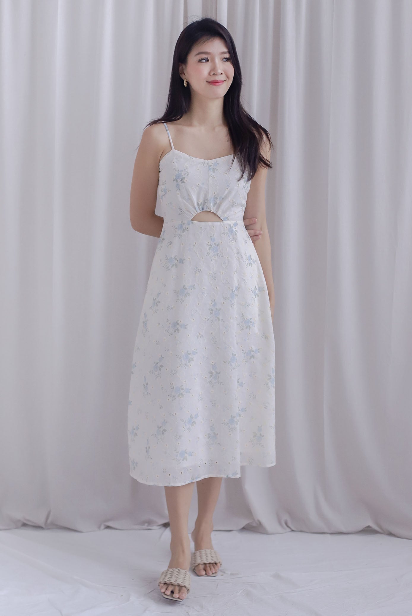 Priscilla Floral Eyelet Spaghetti Cut Out Midi Dress In Blue