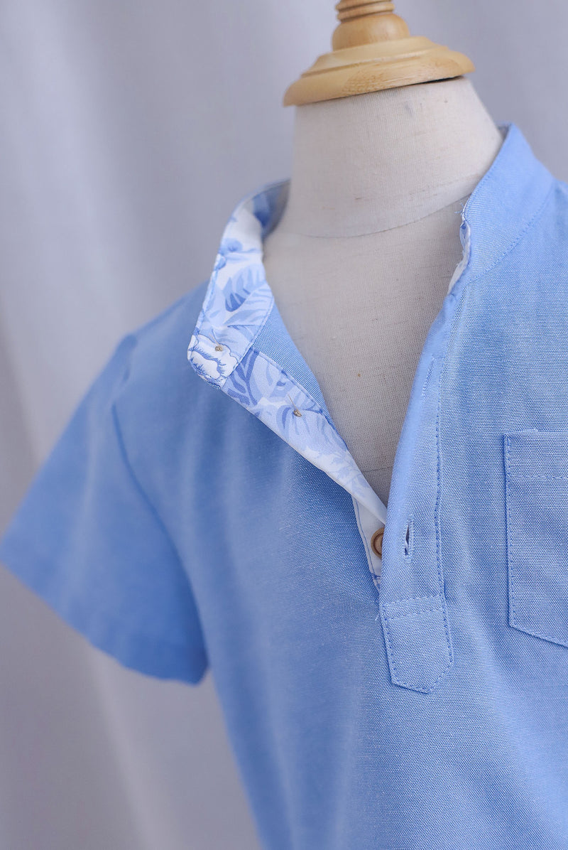 *Kids* TDC Pierce Boy Mandarin Collar Shirt In Blue Porcelain
