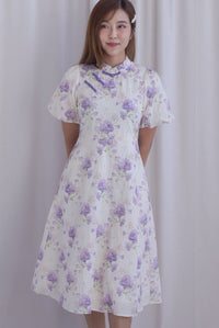 Prosperity Embro Floral Paint Cheong Sam Dress In Periwinkle