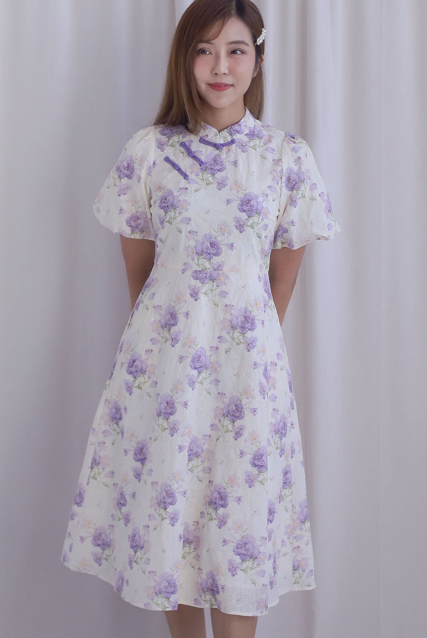 Prosperity Embro Floral Paint Cheong Sam Dress In Periwinkle