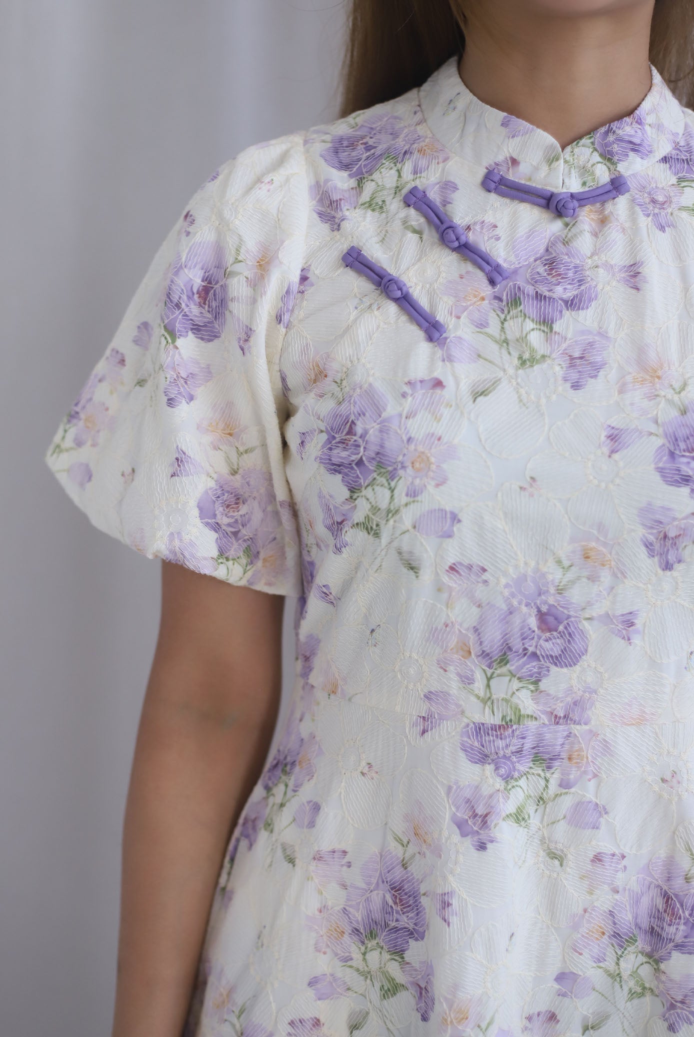 Prosperity Embro Floral Paint Cheong Sam Dress In Periwinkle