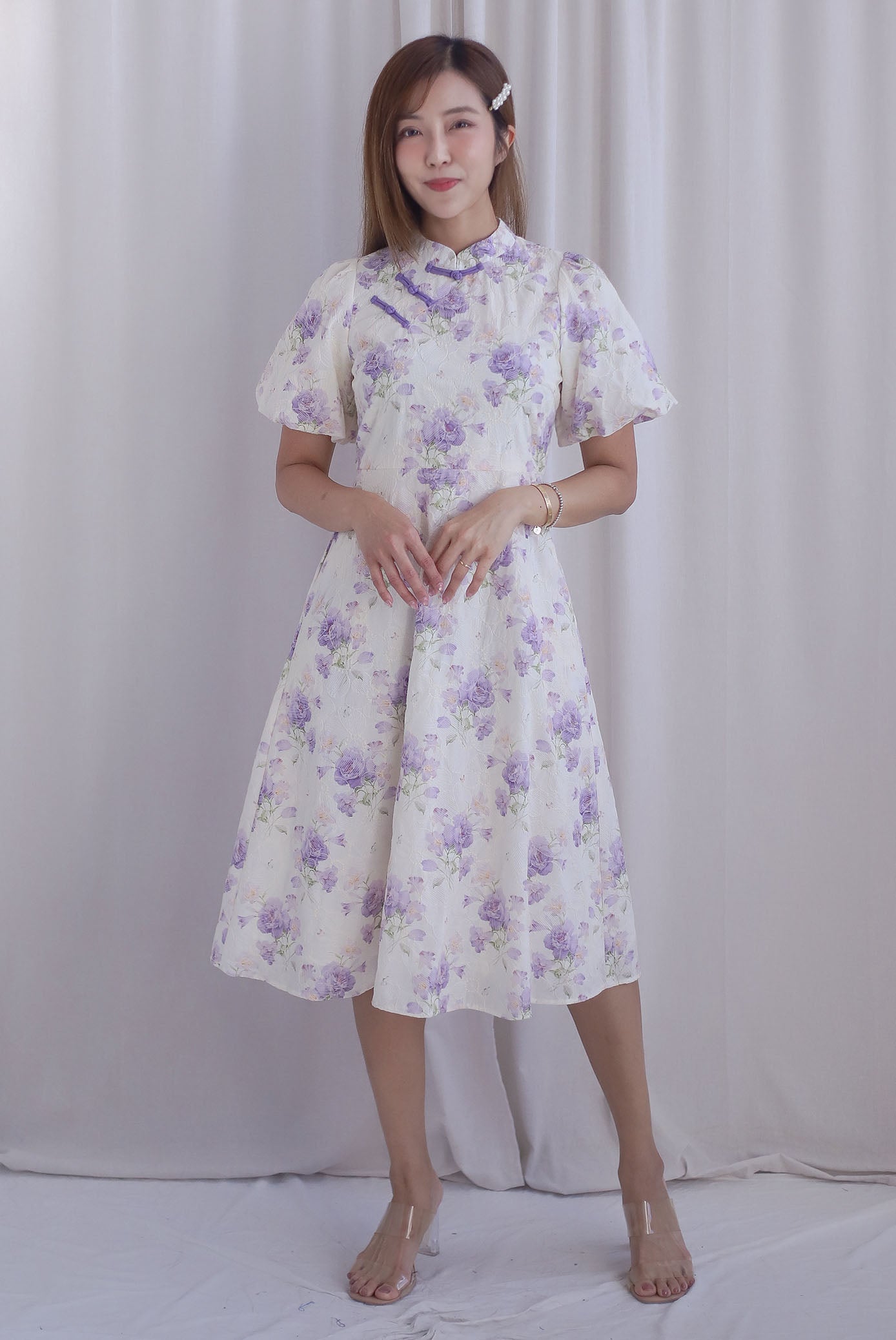 Prosperity Embro Floral Paint Cheong Sam Dress In Periwinkle