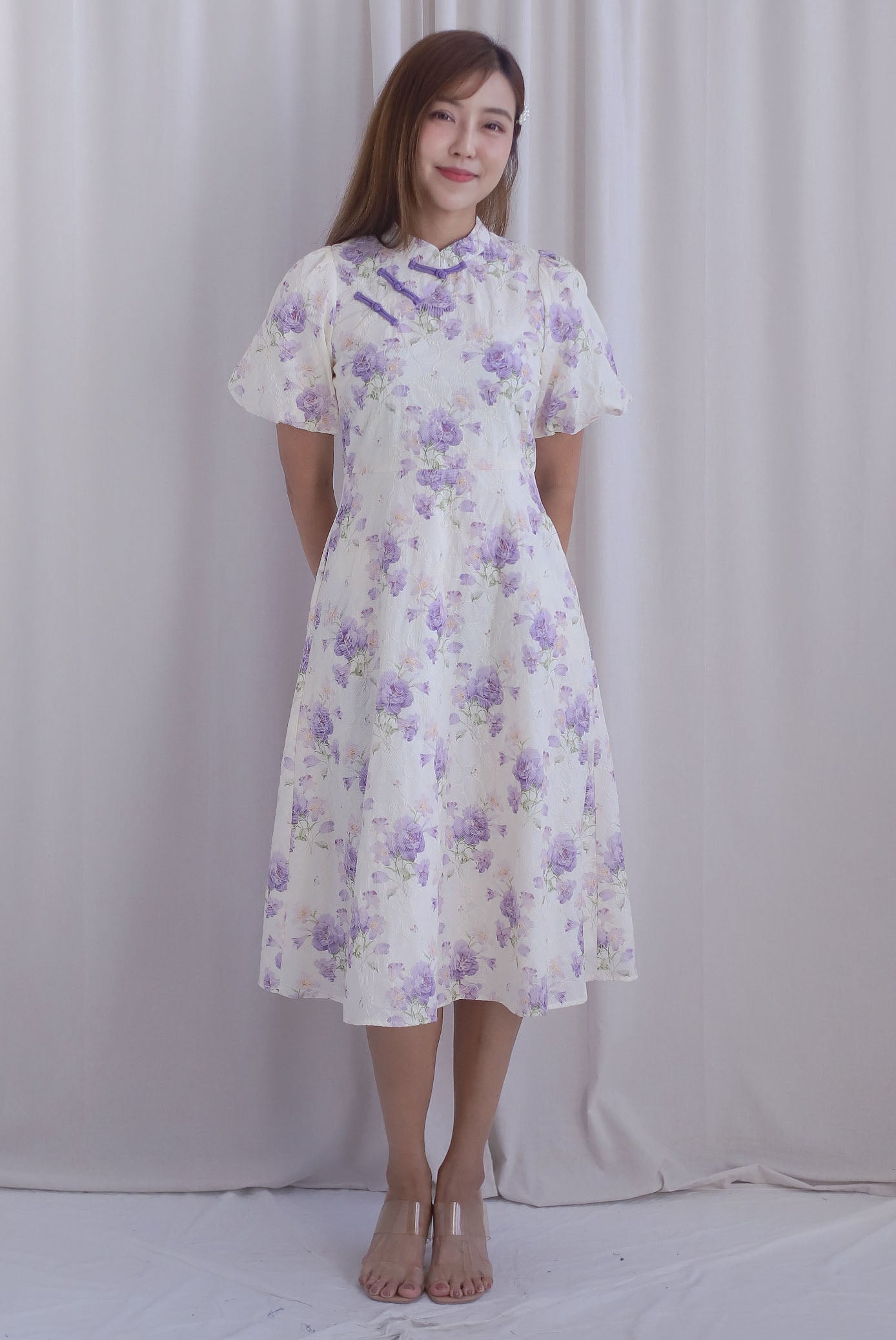 Prosperity Embro Floral Paint Cheong Sam Dress In Periwinkle