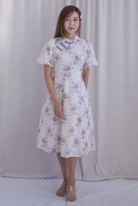 Prosperity Embro Floral Paint Cheong Sam Dress In Periwinkle