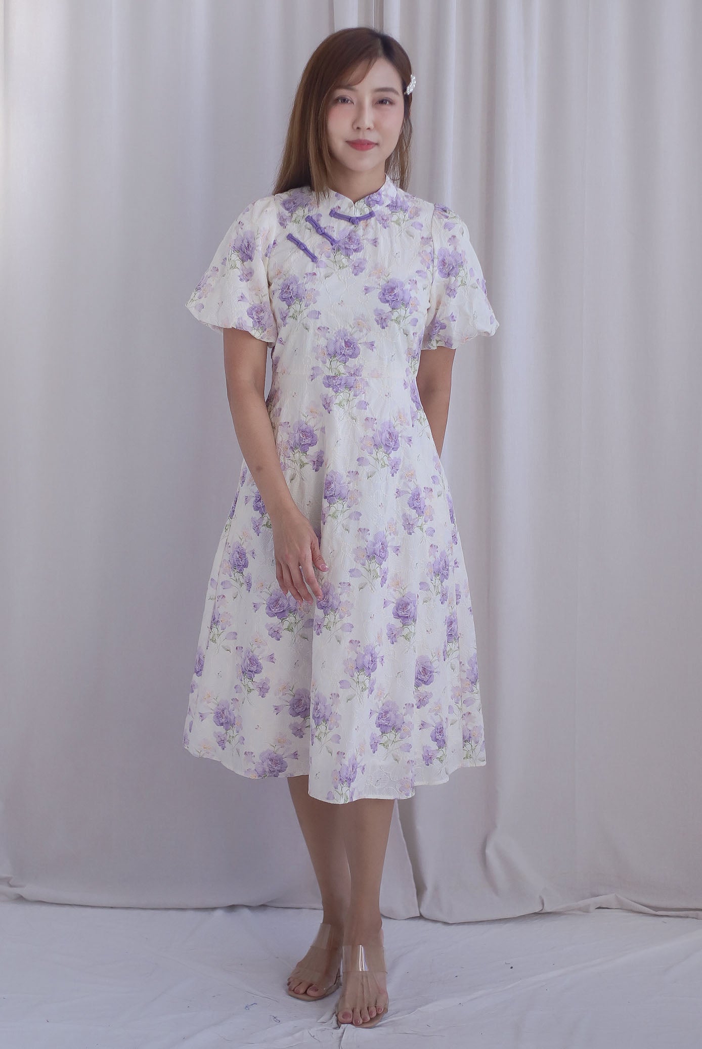 Prosperity Embro Floral Paint Cheong Sam Dress In Periwinkle