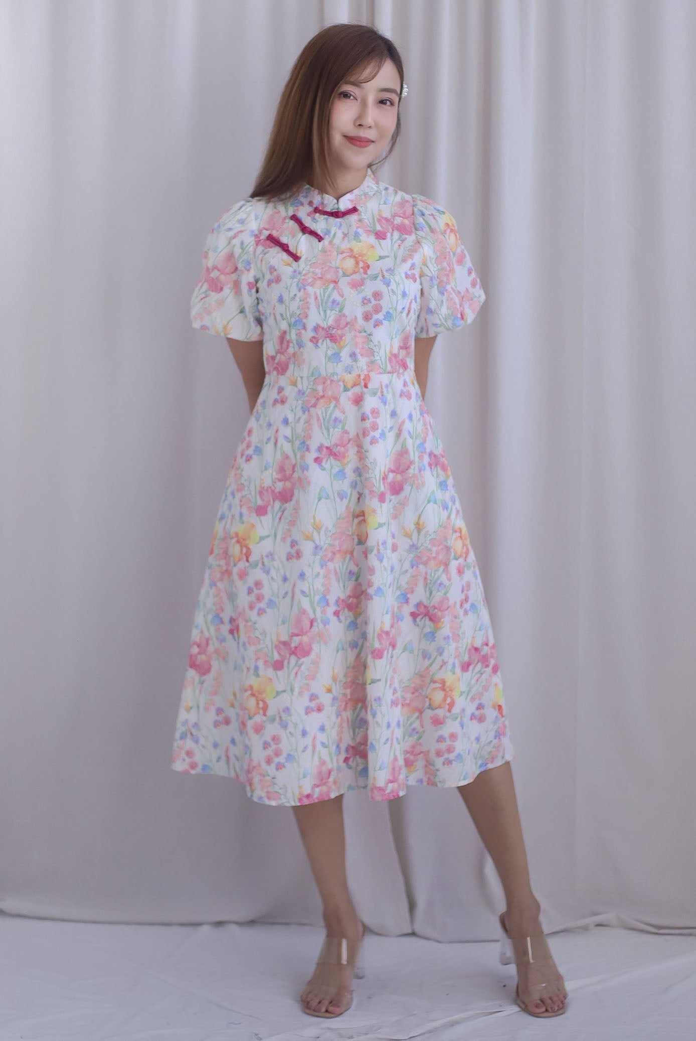 Prosperity Embro Floral Paint Cheong Sam Dress In Candy Pink