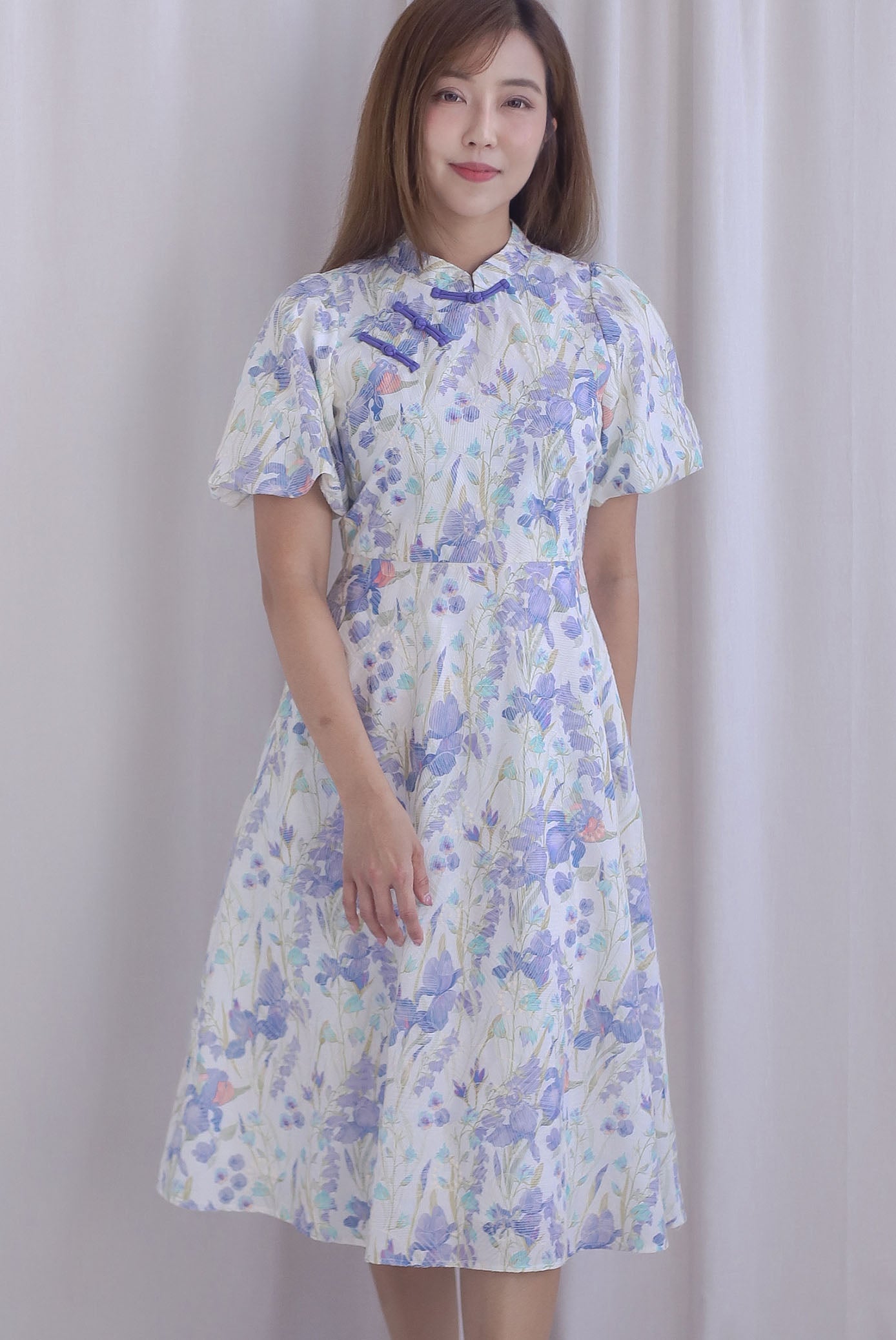 Prosperity Embro Floral Paint Cheong Sam Dress In Purplish Blue
