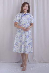 Prosperity Embro Floral Paint Cheong Sam Dress In Purplish Blue