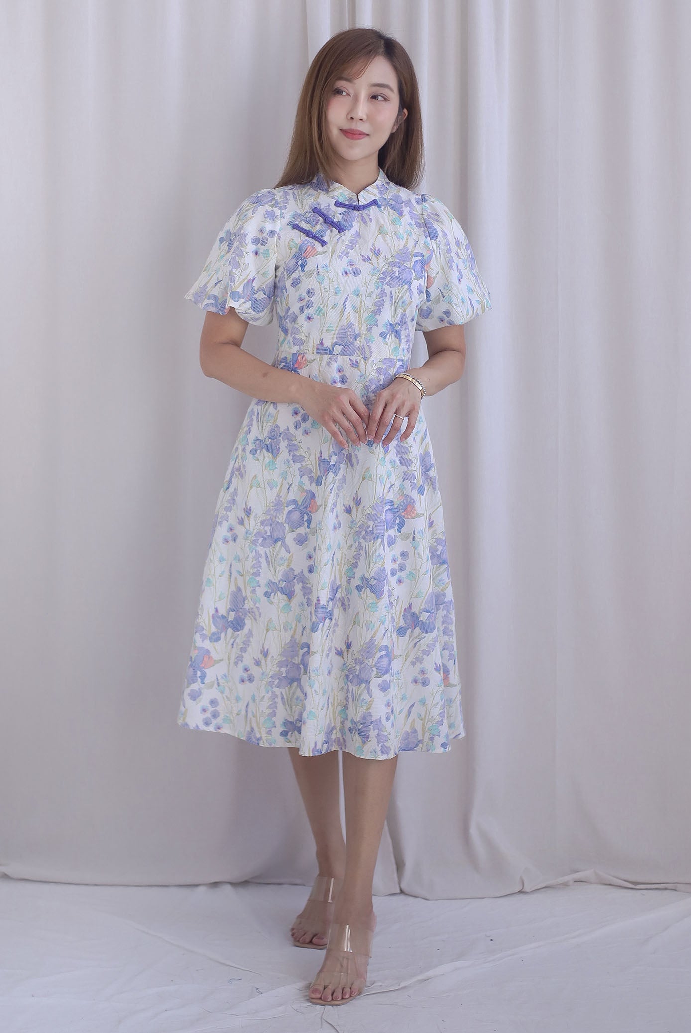 Prosperity Embro Floral Paint Cheong Sam Dress In Purplish Blue