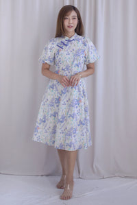 Prosperity Embro Floral Paint Cheong Sam Dress In Purplish Blue