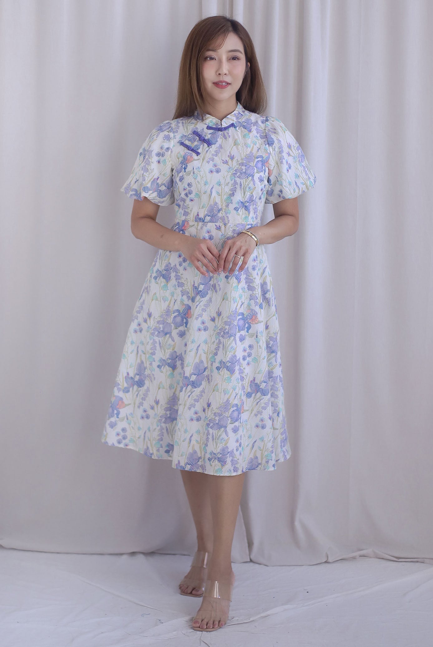 Prosperity Embro Floral Paint Cheong Sam Dress In Purplish Blue