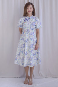 Prosperity Embro Floral Paint Cheong Sam Dress In Purplish Blue