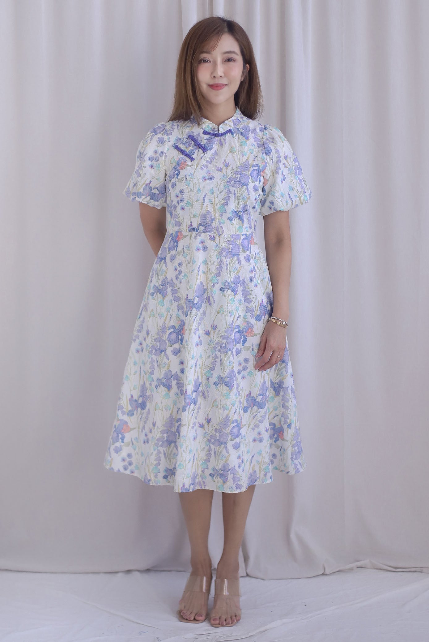 Prosperity Embro Floral Paint Cheong Sam Dress In Purplish Blue