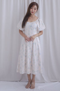 Rachel Sweetheart Floral Sleeved Dress In Blue