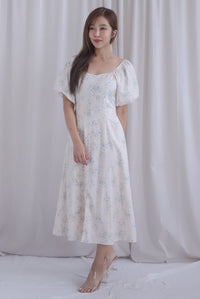 Rachel Sweetheart Floral Sleeved Dress In Blue