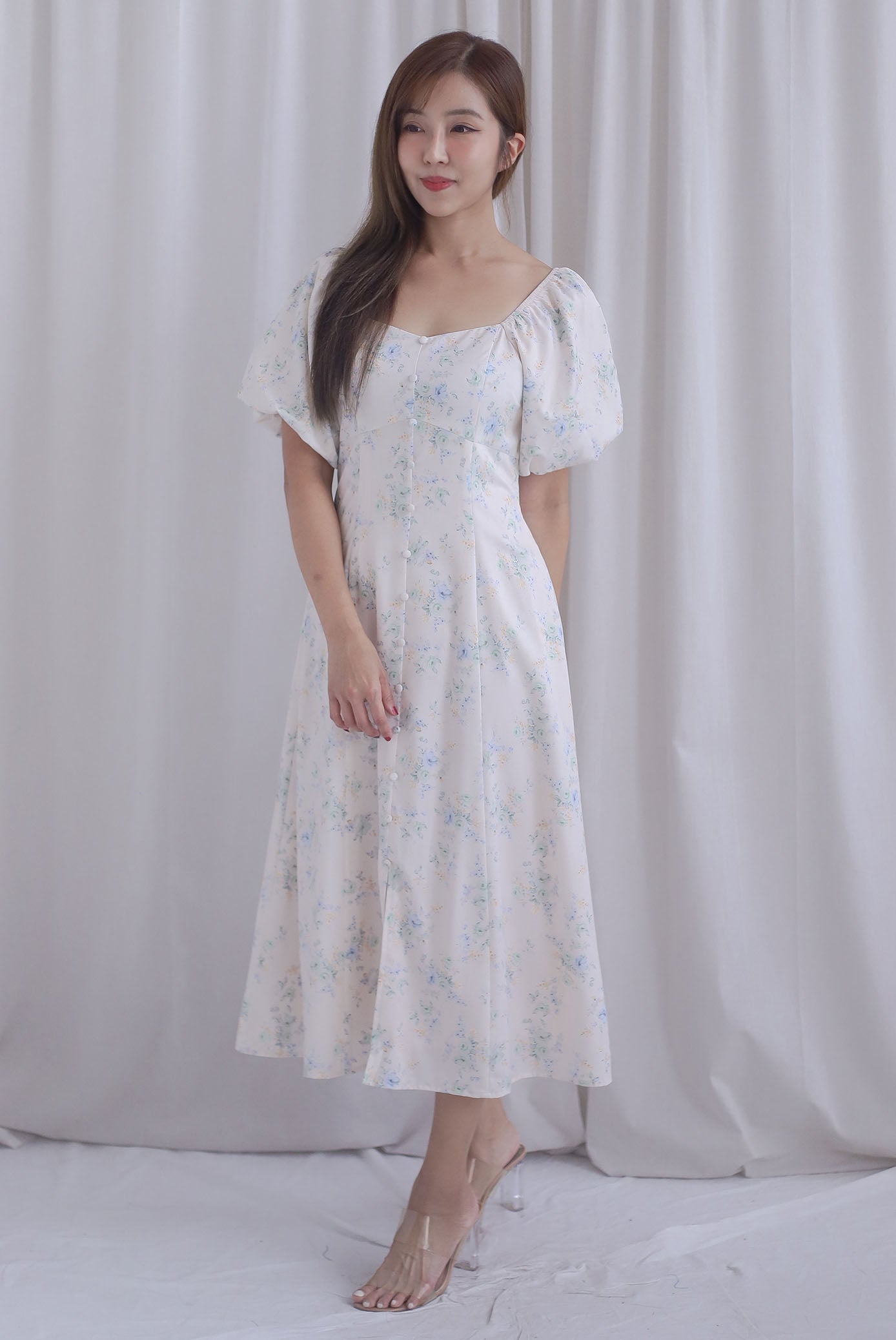 Rachel Sweetheart Floral Sleeved Dress In Blue