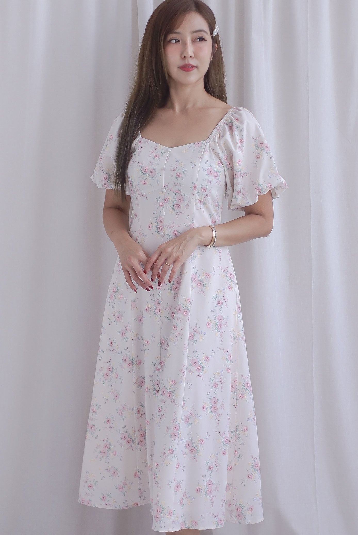 Rachel Sweetheart Floral Sleeved Dress In Pink
