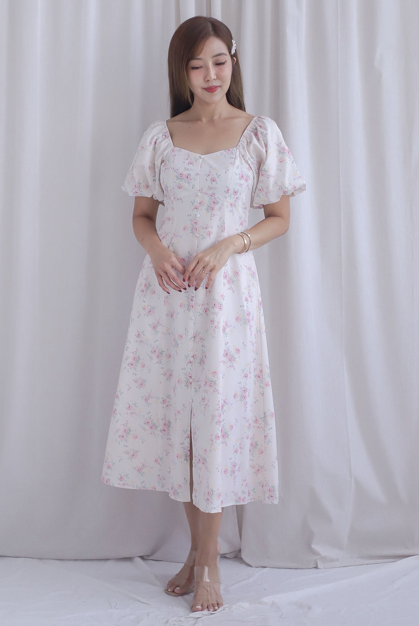 Rachel Sweetheart Floral Sleeved Dress In Pink