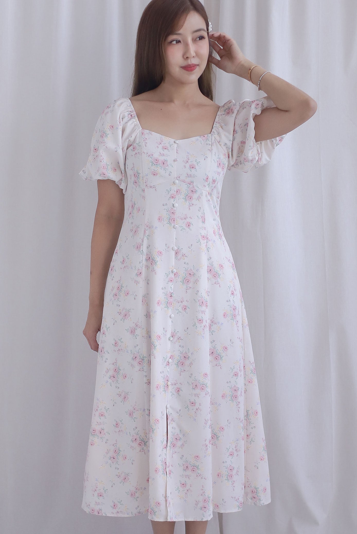 Rachel Sweetheart Floral Sleeved Dress In Pink