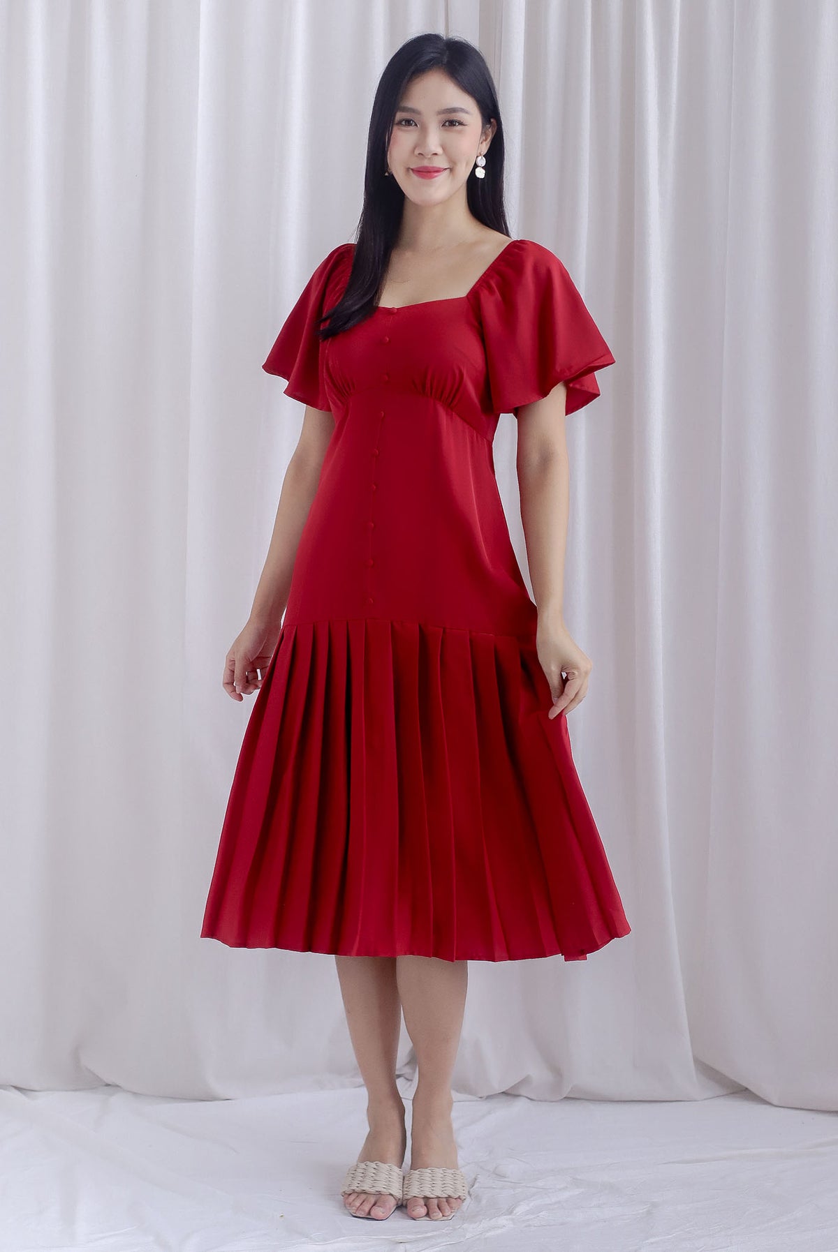 Rachelle Pleated Drop Waist Midi Dress In Wine Red