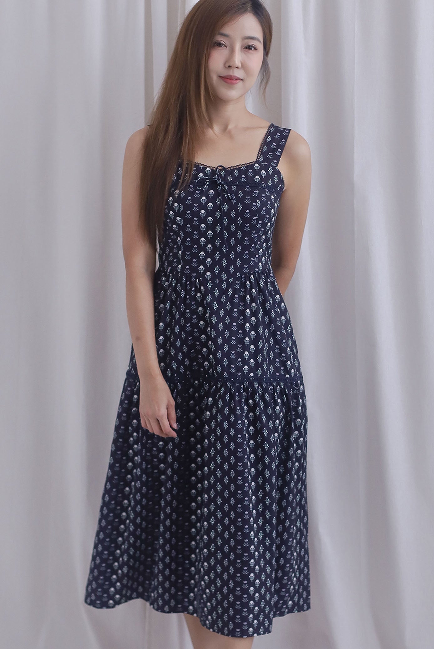 Raison Diamond Lattice Trim Sleeveless Midi Dress In Midnight Blue