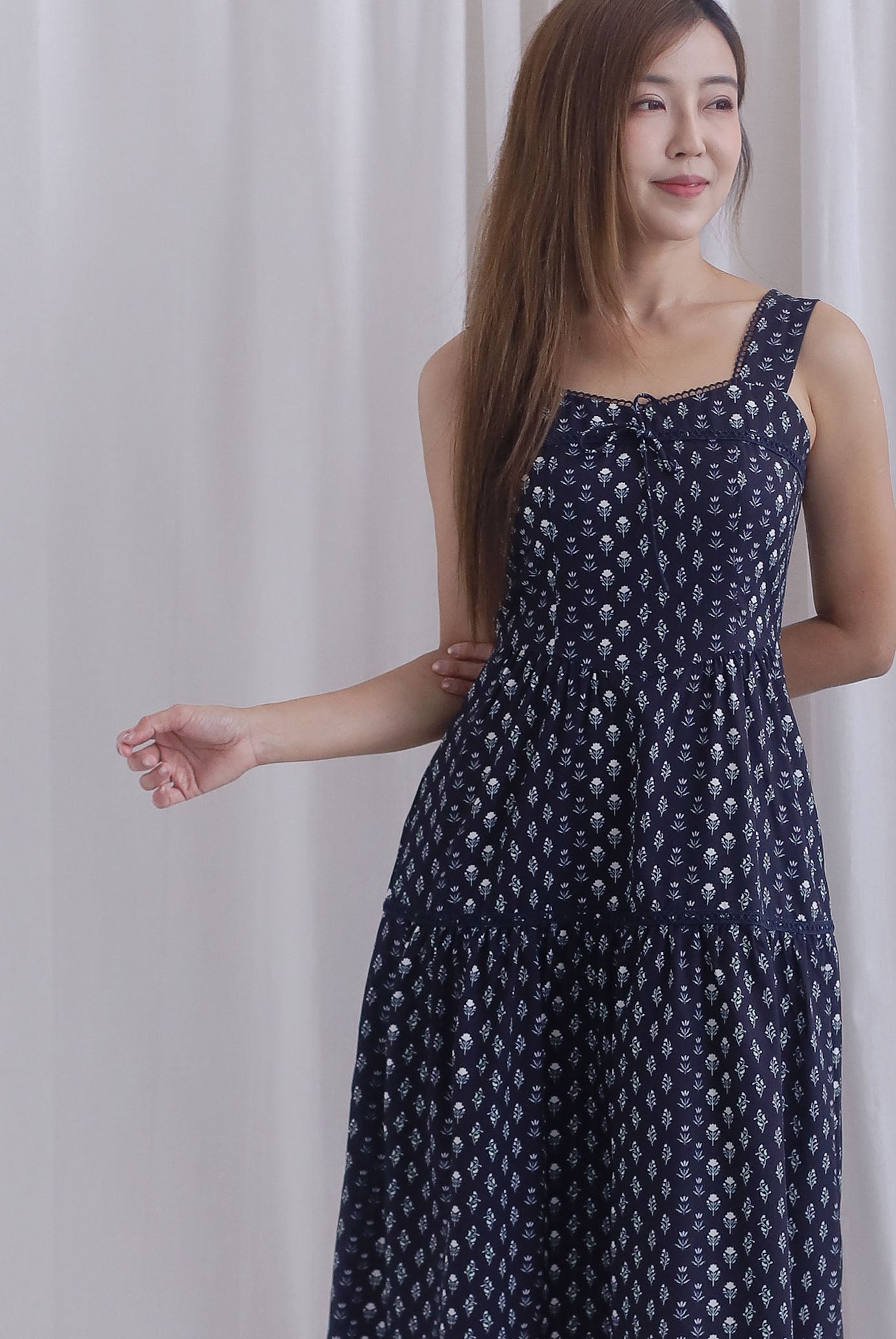 Raison Diamond Lattice Trim Sleeveless Midi Dress In Midnight Blue