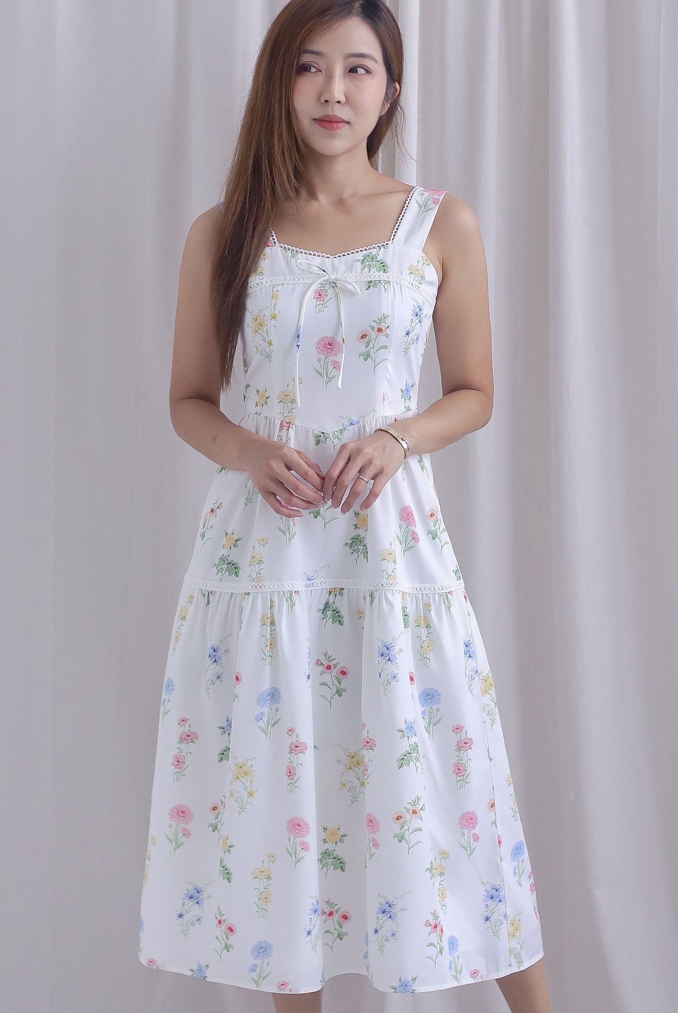 *Restocked* Raison Diamond Lattice Trim Sleeveless Midi Dress In White
