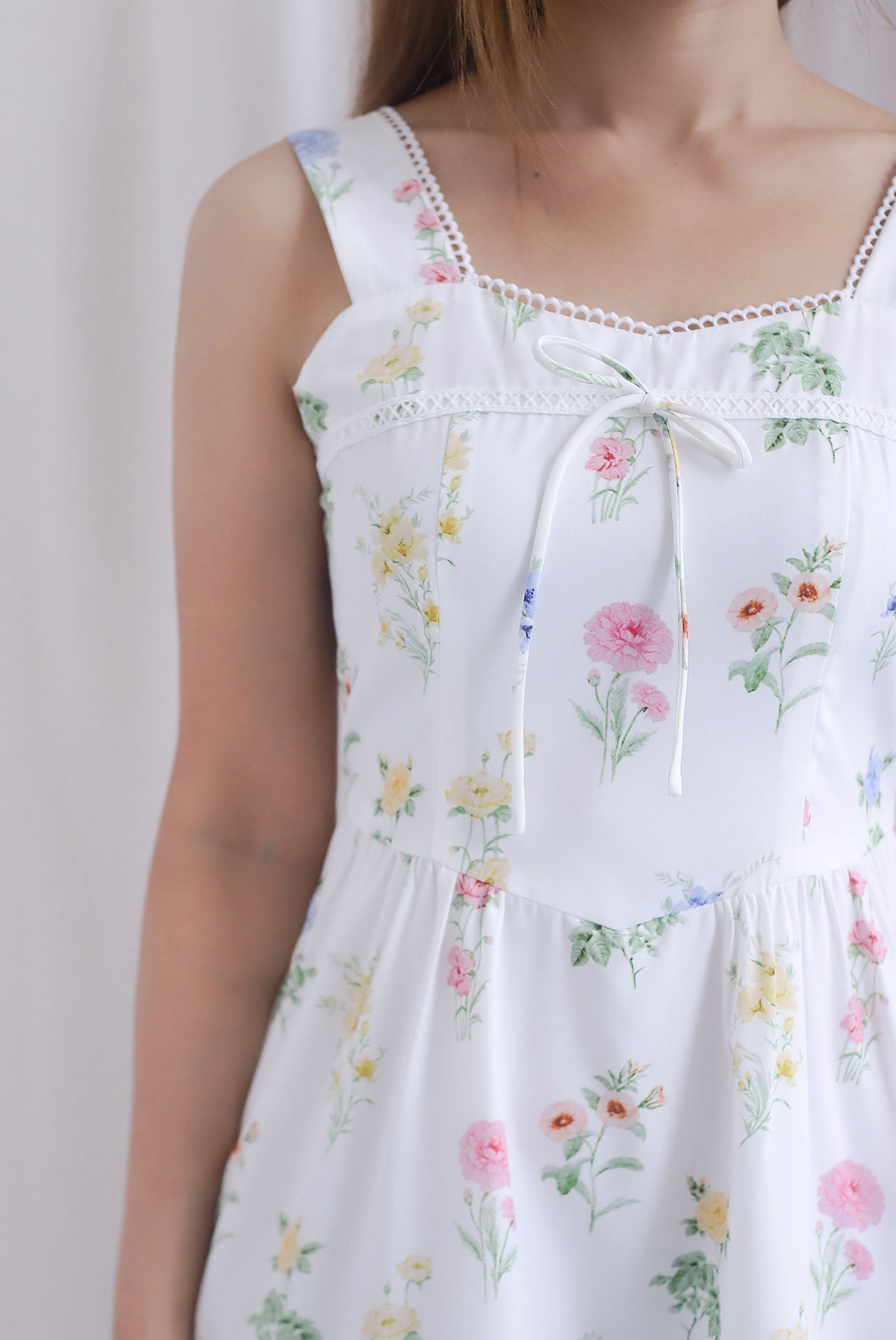 *Restocked* Raison Diamond Lattice Trim Sleeveless Midi Dress In White