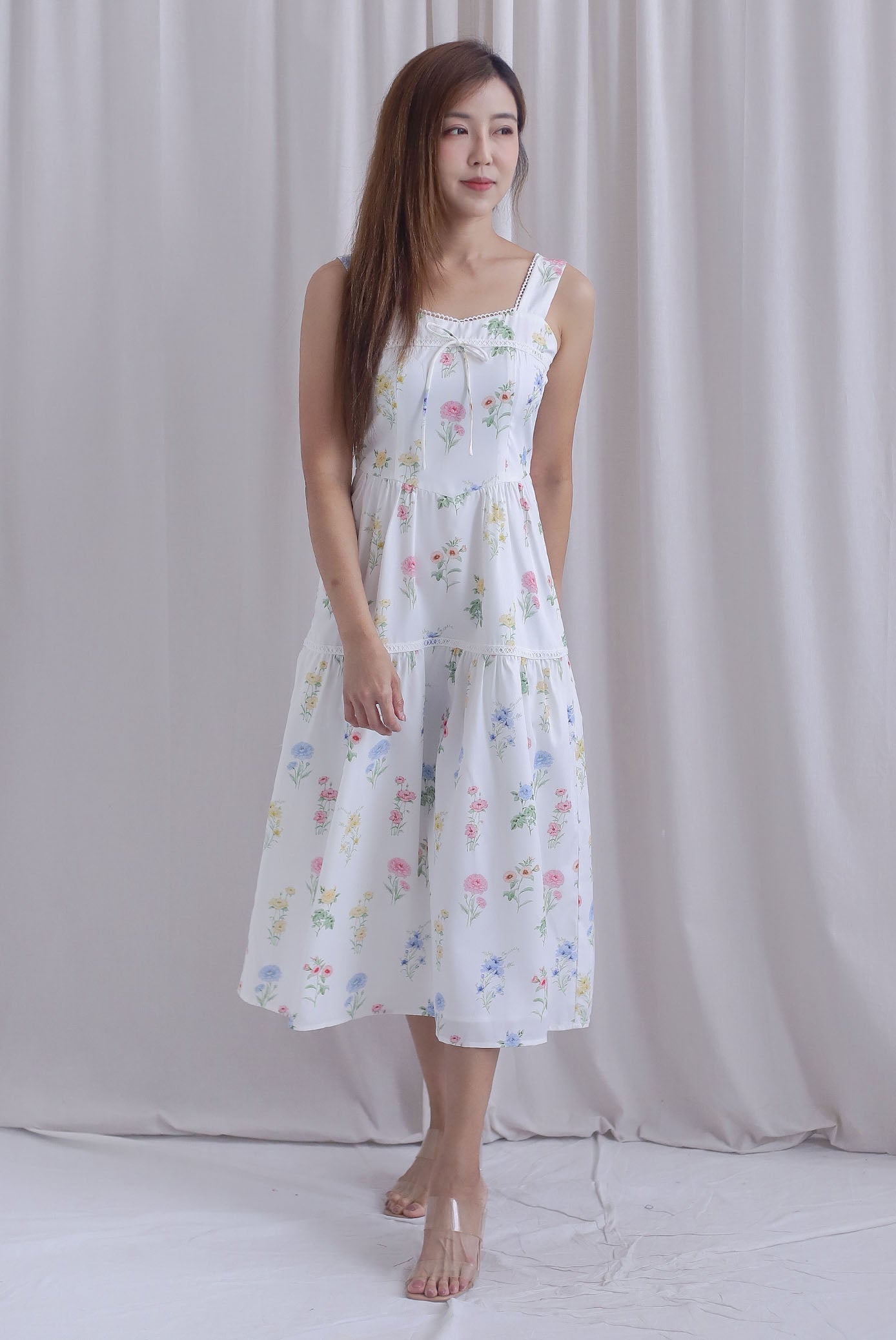 *Restocked* Raison Diamond Lattice Trim Sleeveless Midi Dress In White