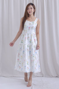 *Restocked* Raison Diamond Lattice Trim Sleeveless Midi Dress In White