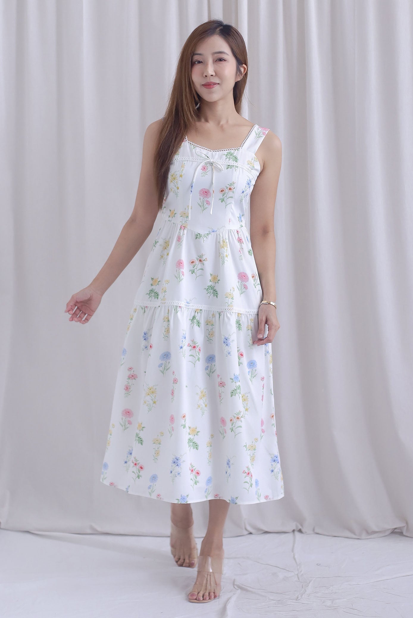 *Restocked* Raison Diamond Lattice Trim Sleeveless Midi Dress In White