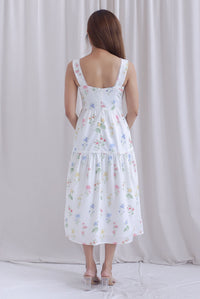 *Restocked* Raison Diamond Lattice Trim Sleeveless Midi Dress In White