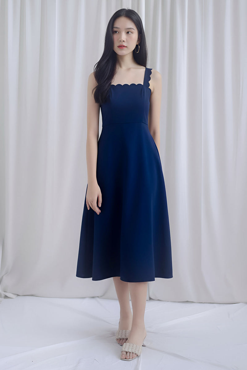 Ralda Thick Strap Scallop Neckline Skater Dress In Navy Blue  The Design  Closets