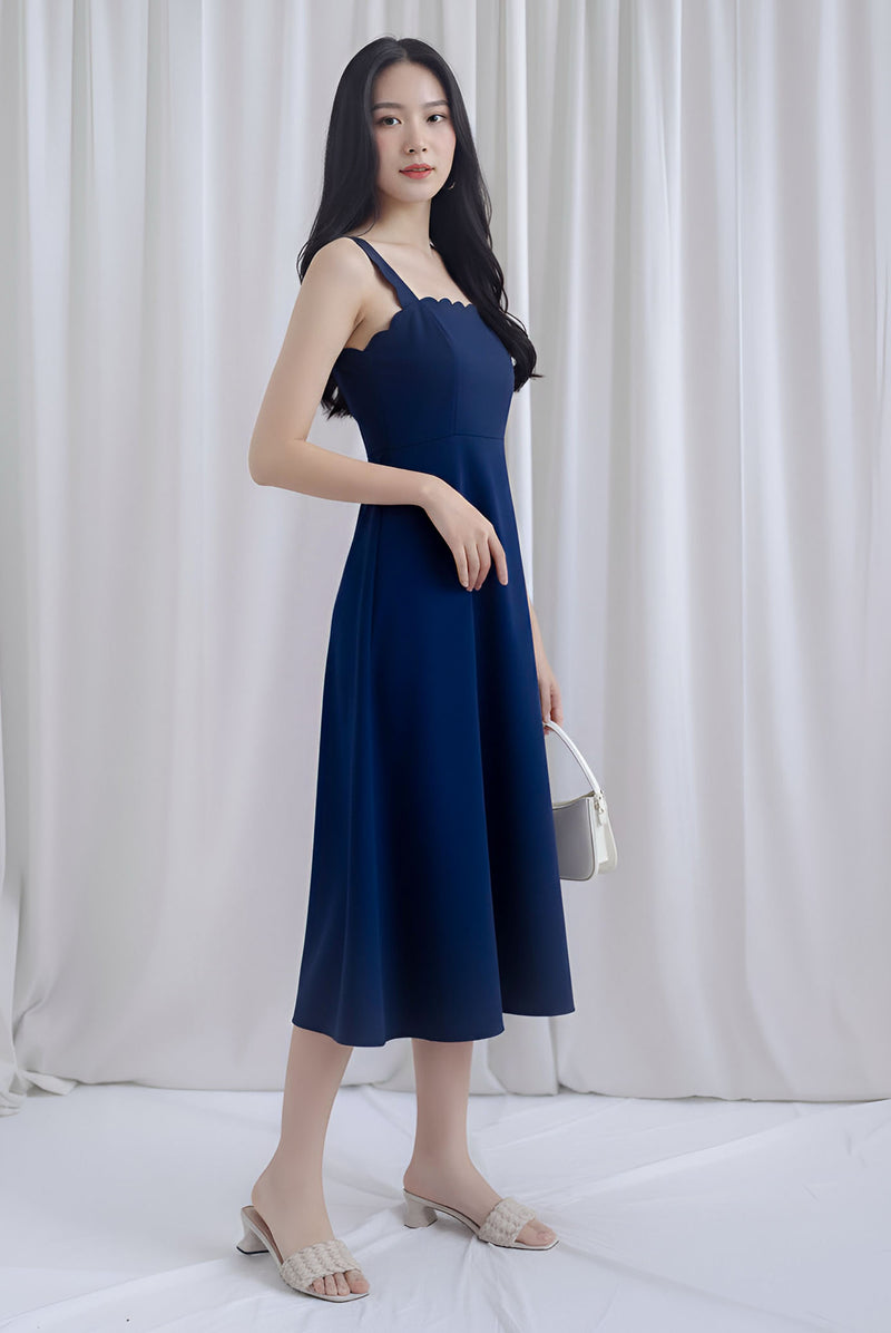 Ralda Thick Strap Scallop Neckline Skater Dress In Navy Blue – The Design  Closets