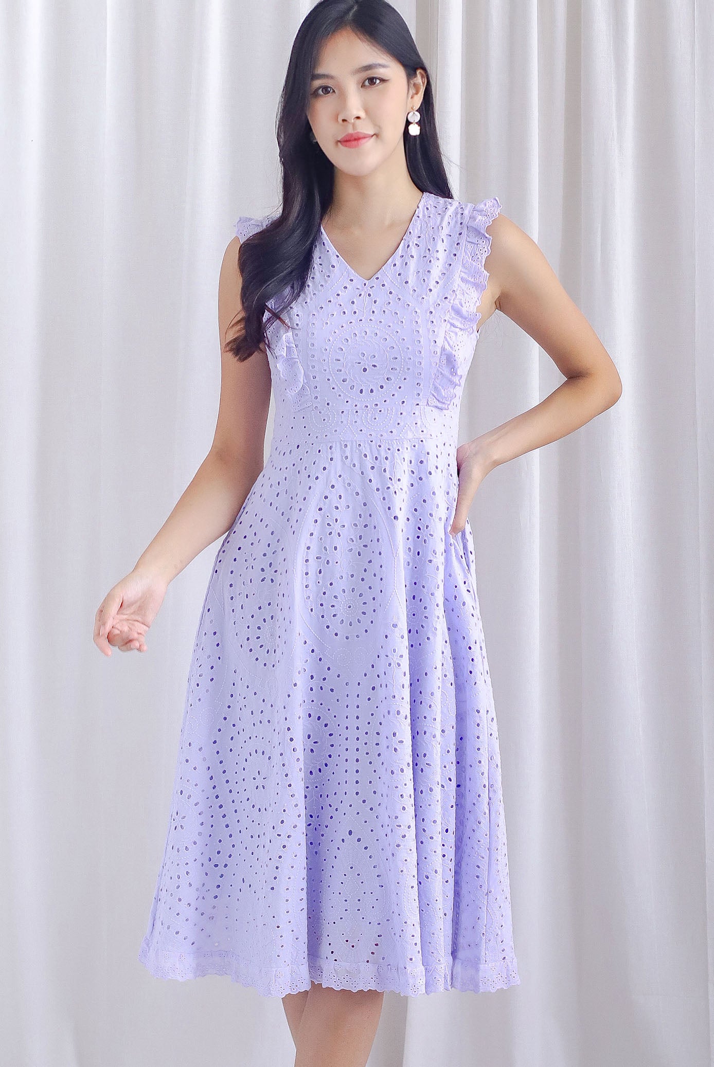 Rivia Eyelet Ruffled Flare Dress In Lilac The Design Closets