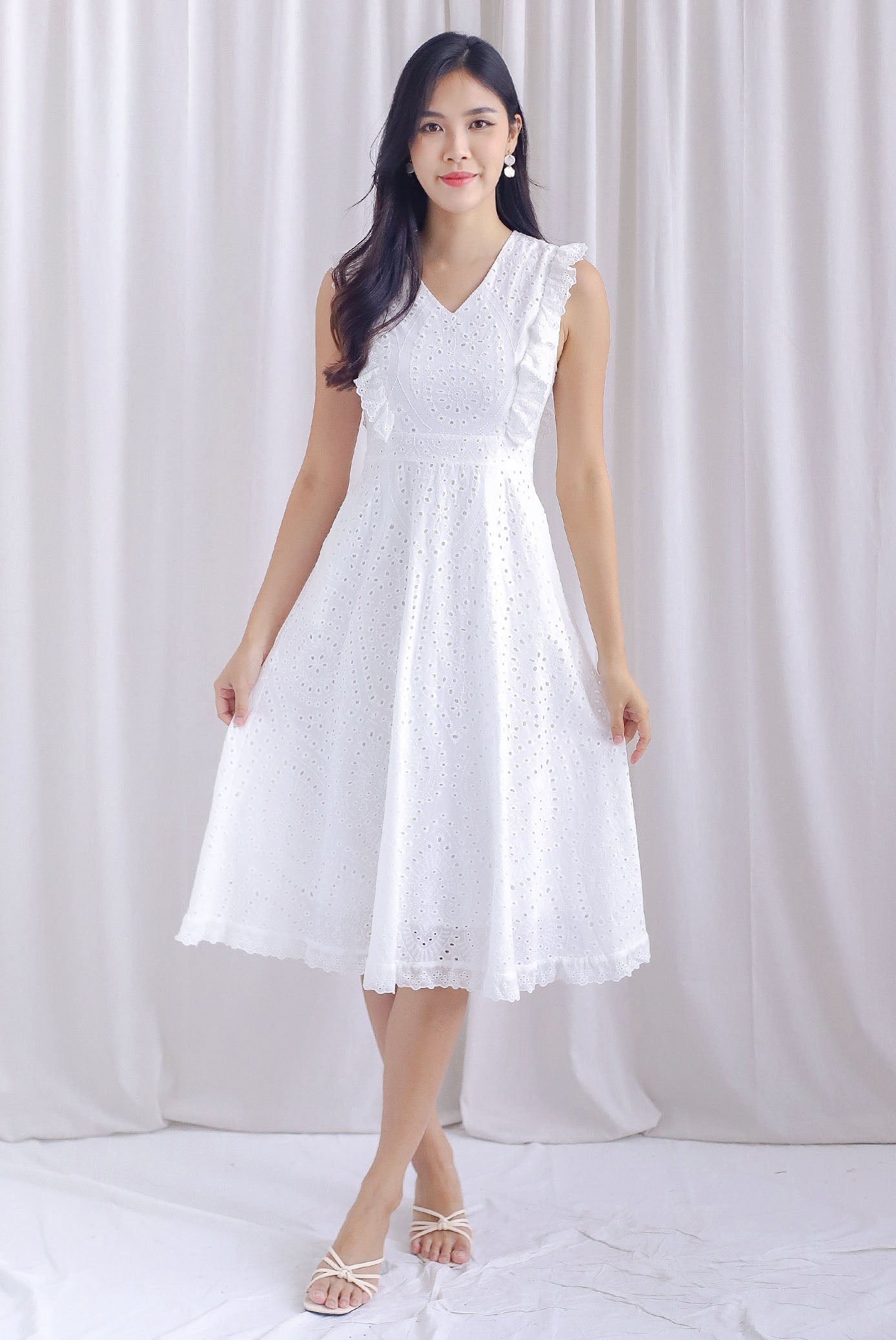 Rivia Eyelet Ruffled Flare Dress In White